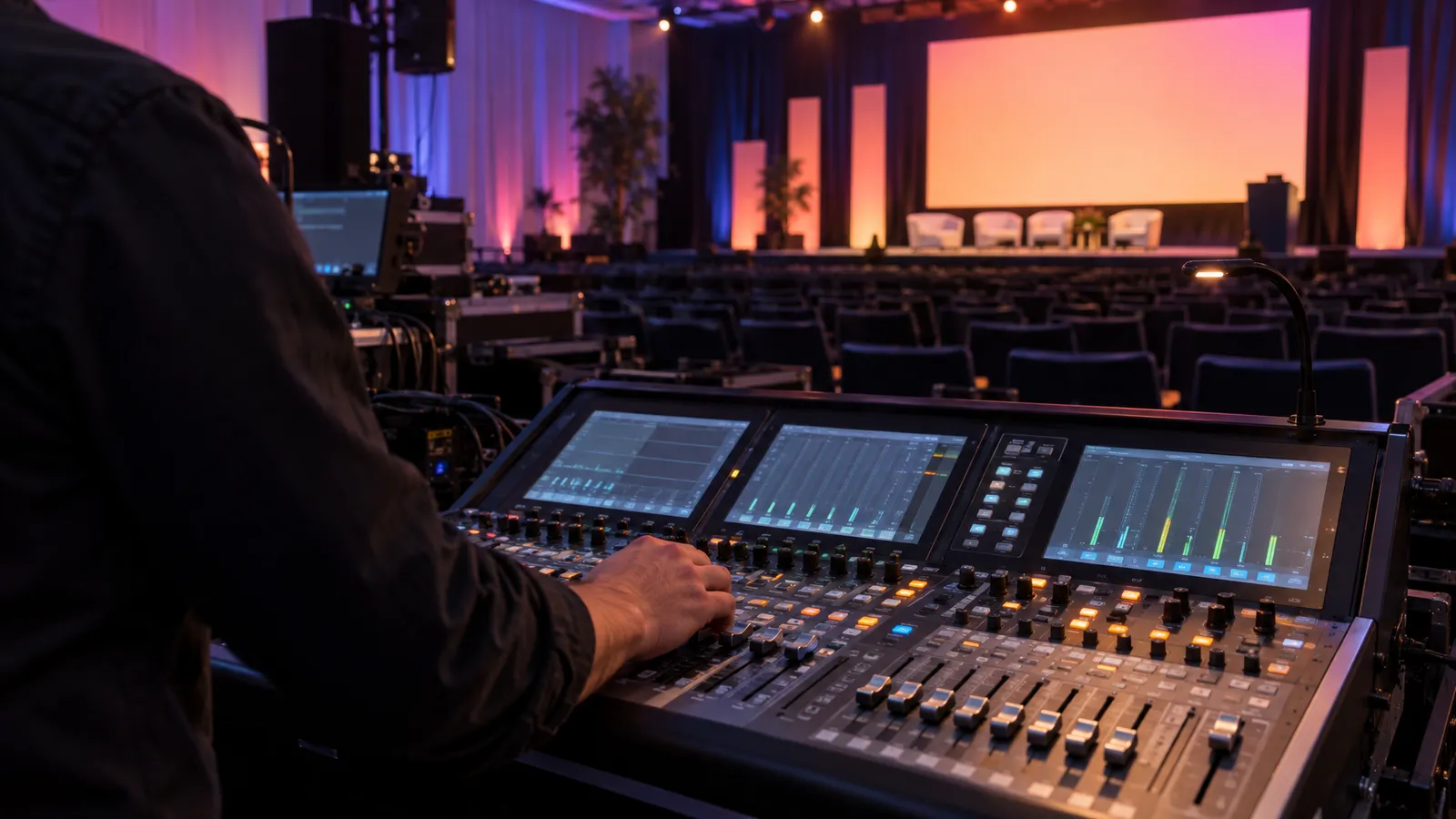 A technician adjusts an audio mixing console before a corporate conference session.