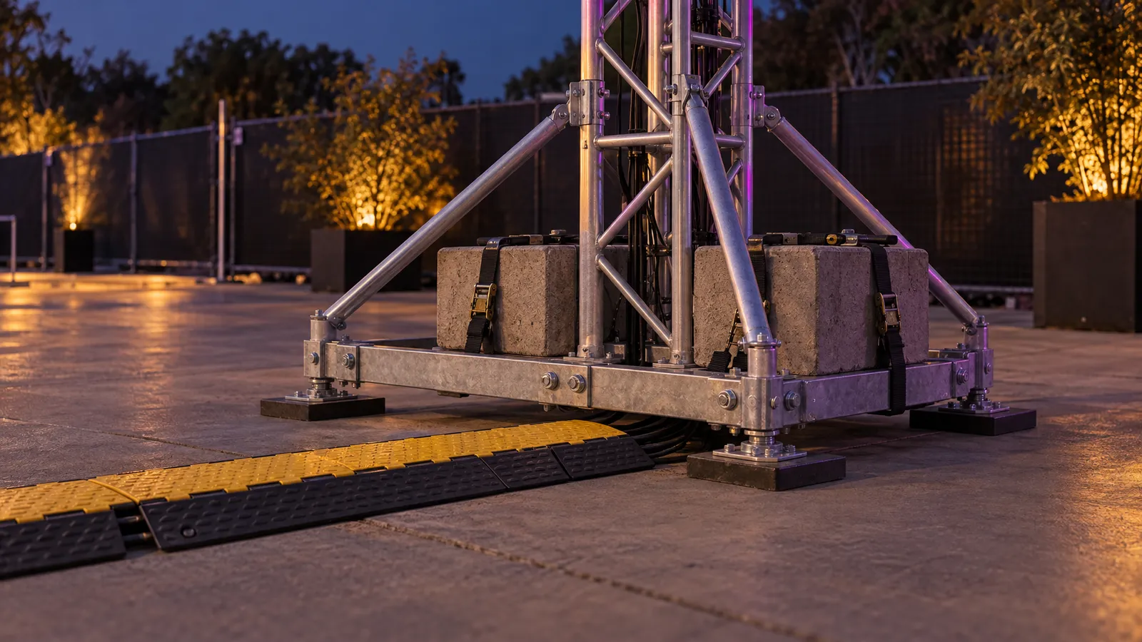 A temporary truss tower base is secured with outriggers and concrete ballast beside a cable ramp.