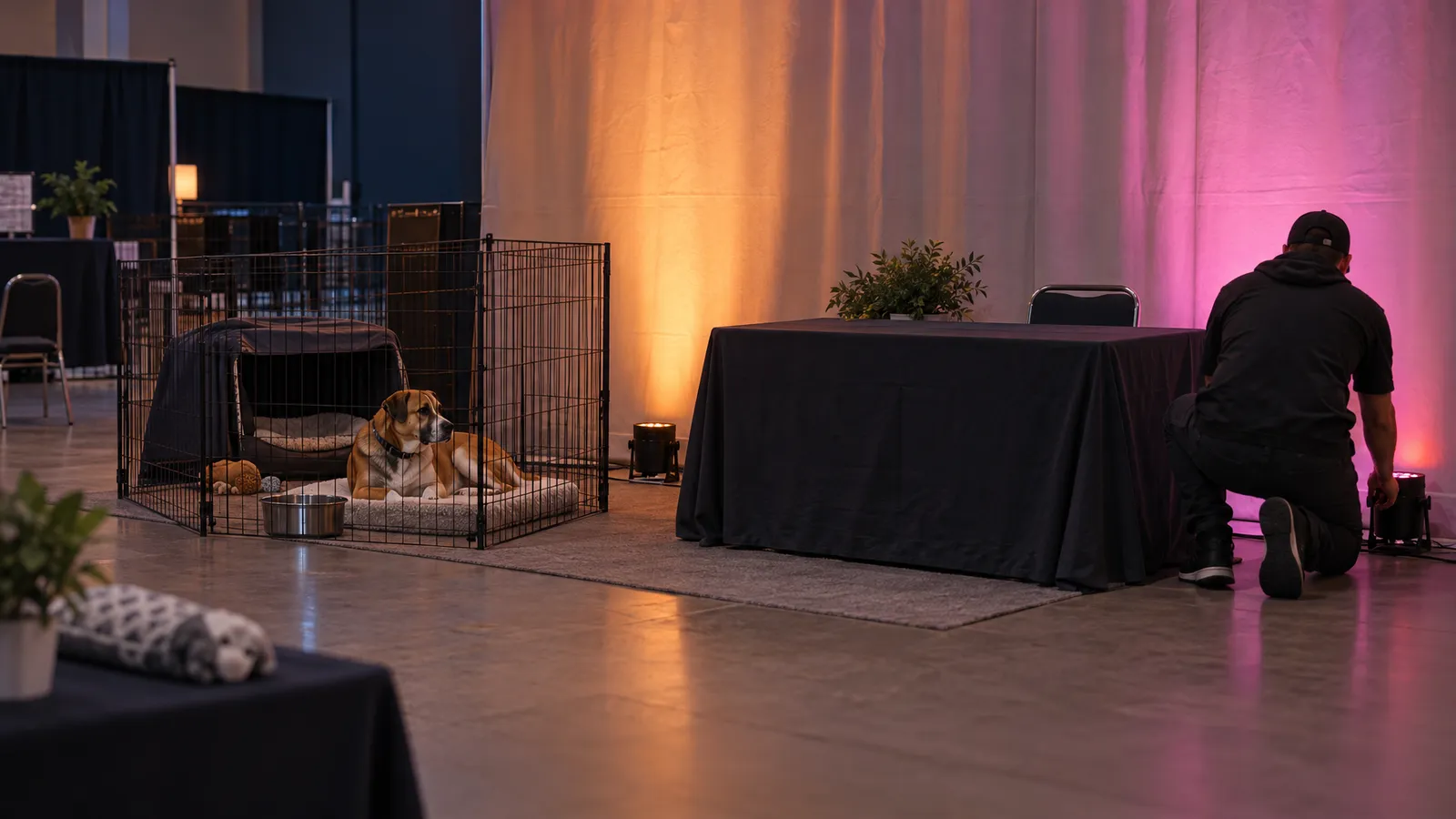 Steady amber and soft magenta uplights illuminate a pet adoption area while a dog rests away from the beams.
