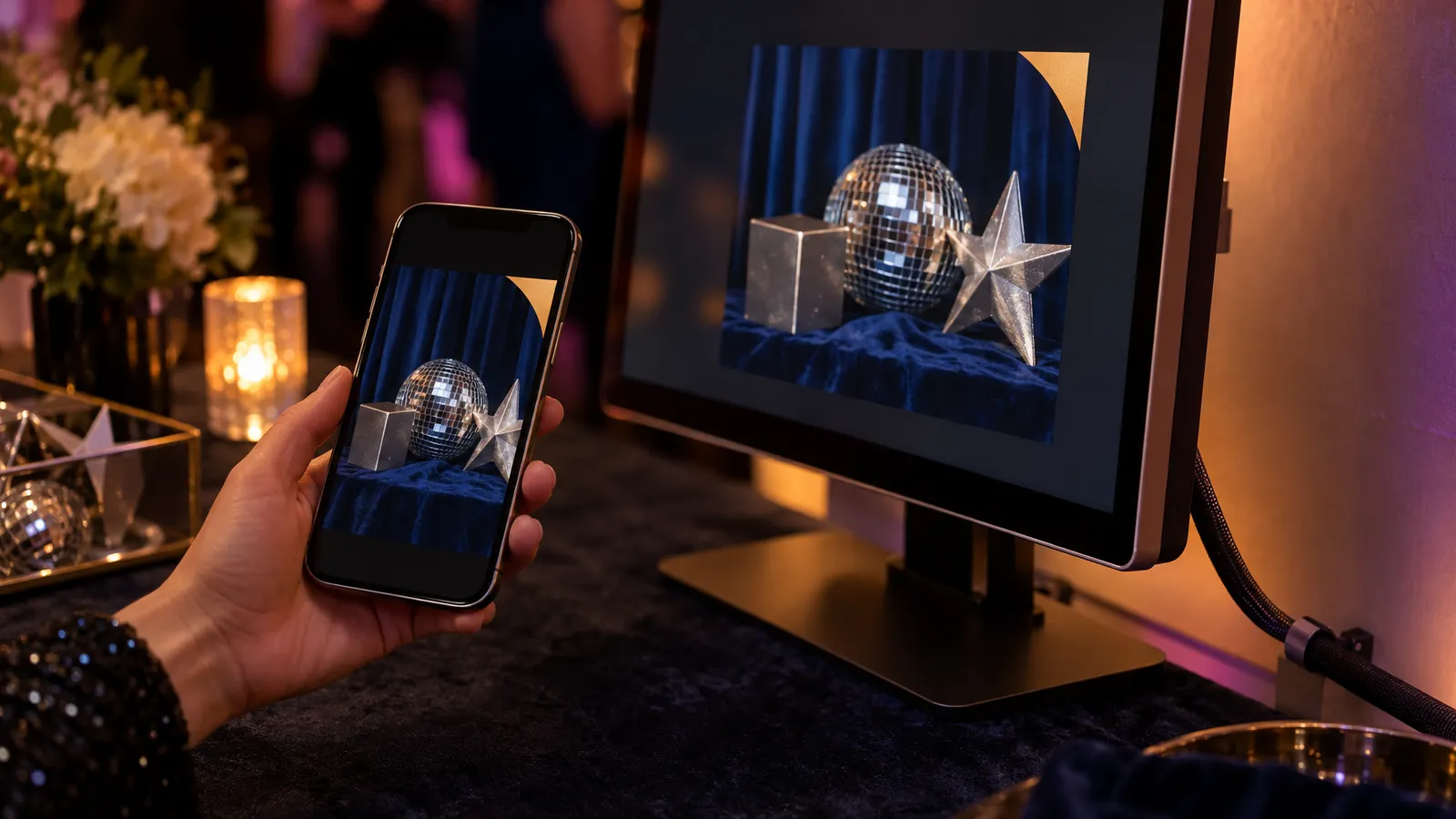 A hand holds a phone showing the same photo-booth image as a nearby guest-facing monitor.