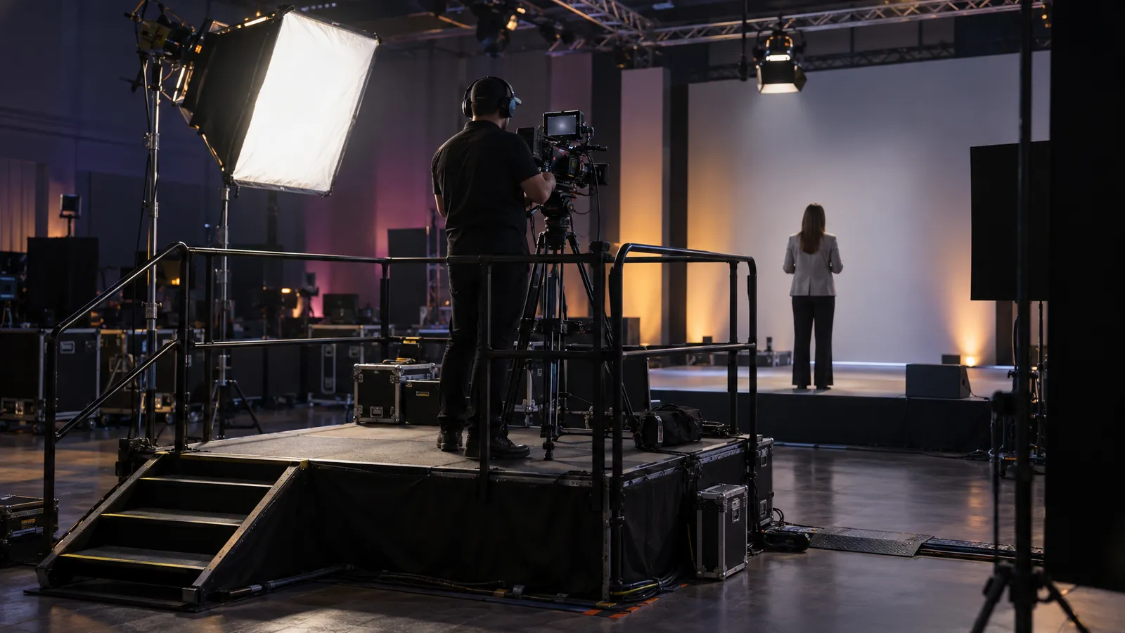 A camera operator tests a stage stand-in under diffused key lighting from a guarded press riser.