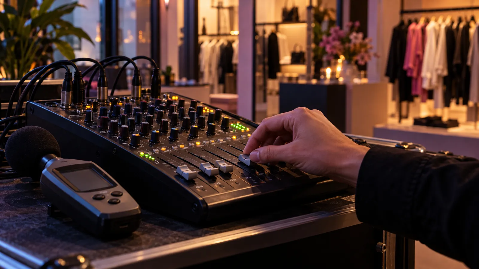 A hand adjusts a compact audio mixer beside a sound-level meter during a boutique sound check.