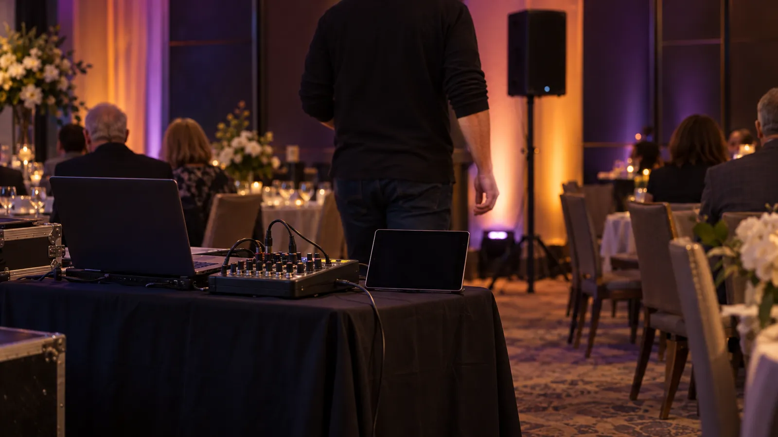 A music playback station with a connected backup device as an organizer checks sound near banquet tables.