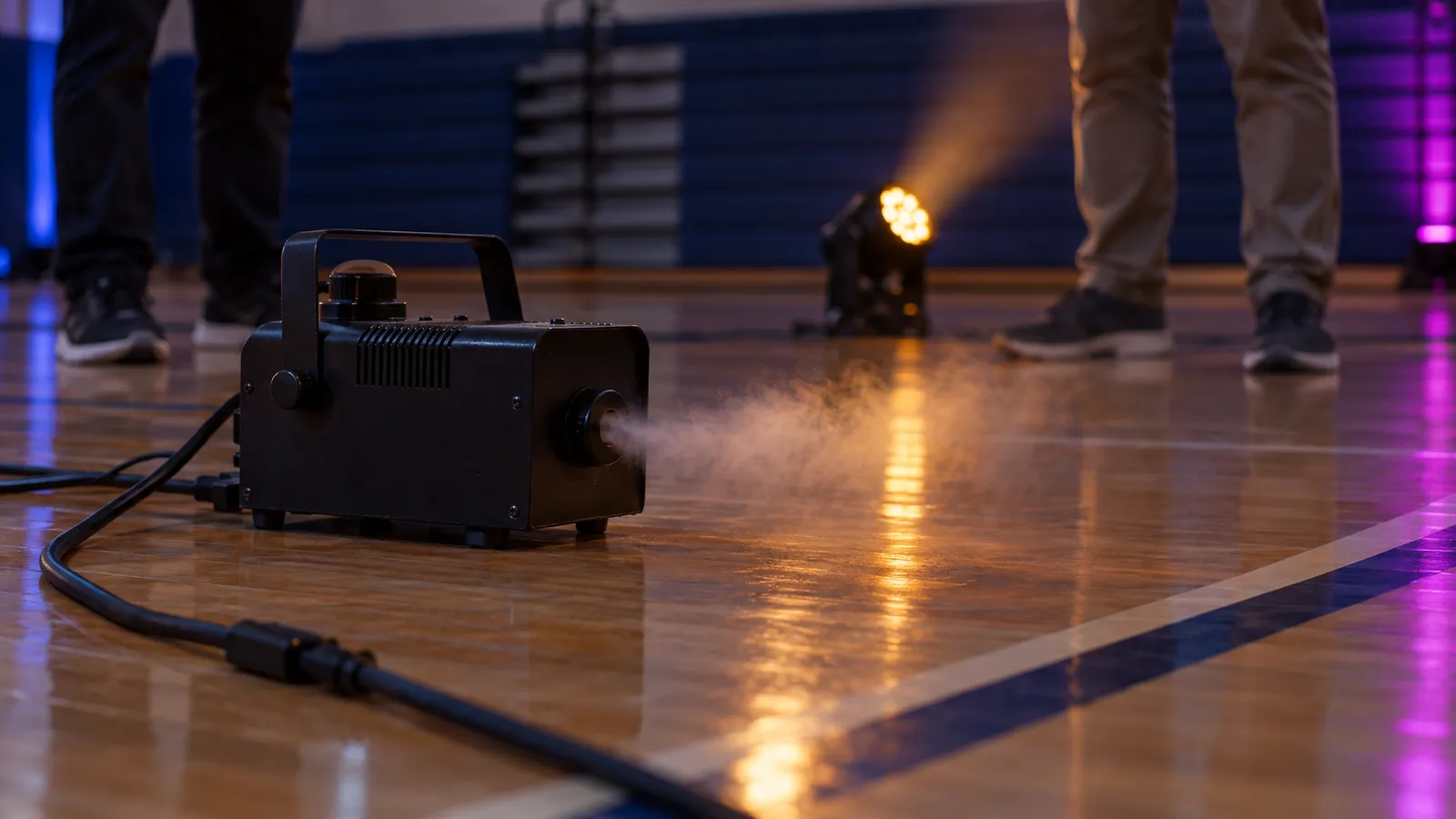 A small haze machine releases a light wisp during a supervised test on a school gym floor.