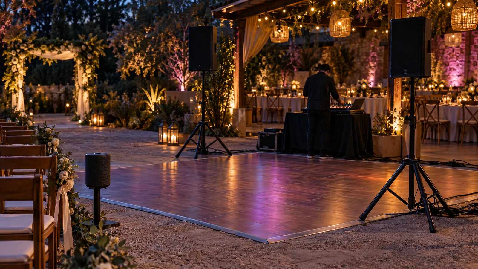 A compact Bluetooth speaker and larger PA speakers set up for a wedding ceremony and reception.