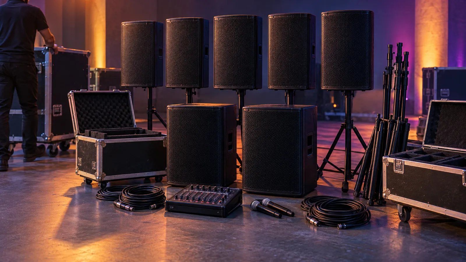 Rental PA speakers, an audio controller and two microphones staged beside transport cases and setup cables at an event venue.