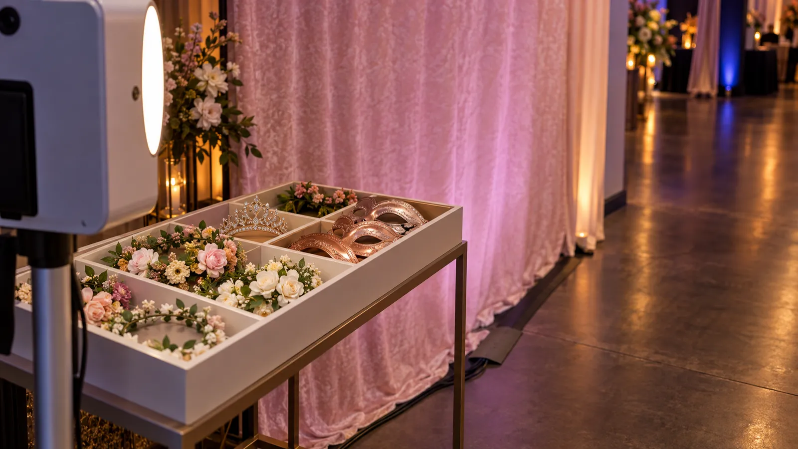 A floral prop bin beside a photo booth and softly lit backdrop leaves the guest walkway clear.