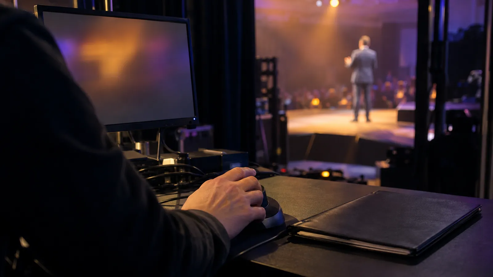 A teleprompter operator uses a scroll controller backstage while watching a presenter rehearse.
