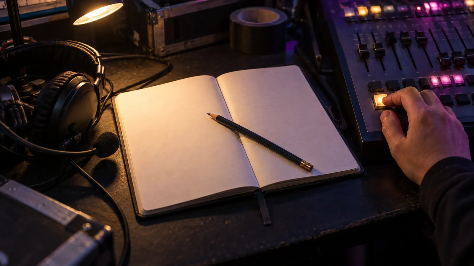 A cue notebook and headset sit beside DMX playback controls during theater tech rehearsal.