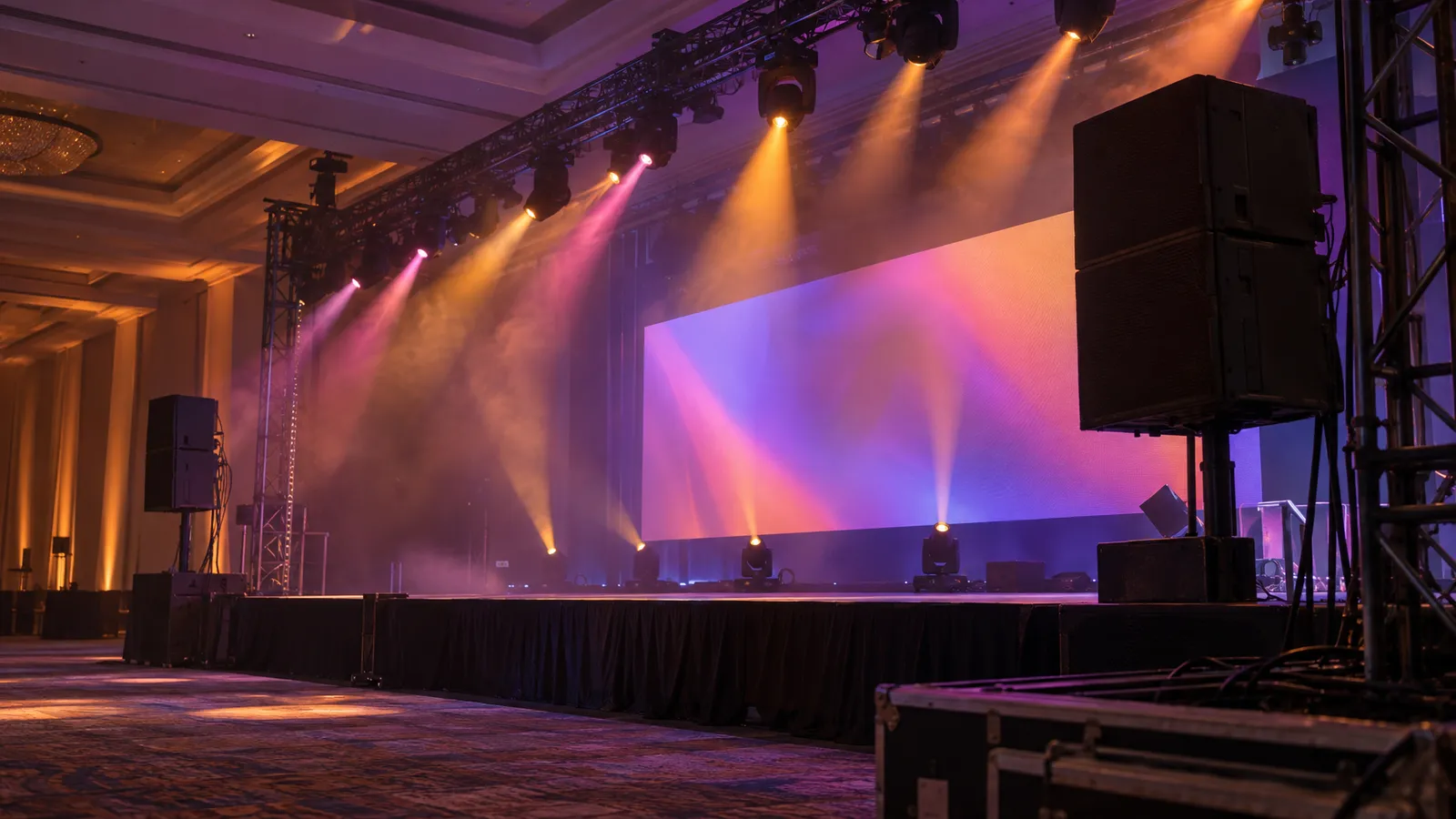 Amber and magenta stage beams cut through haze beside an LED wall and PA speakers in a ballroom.
