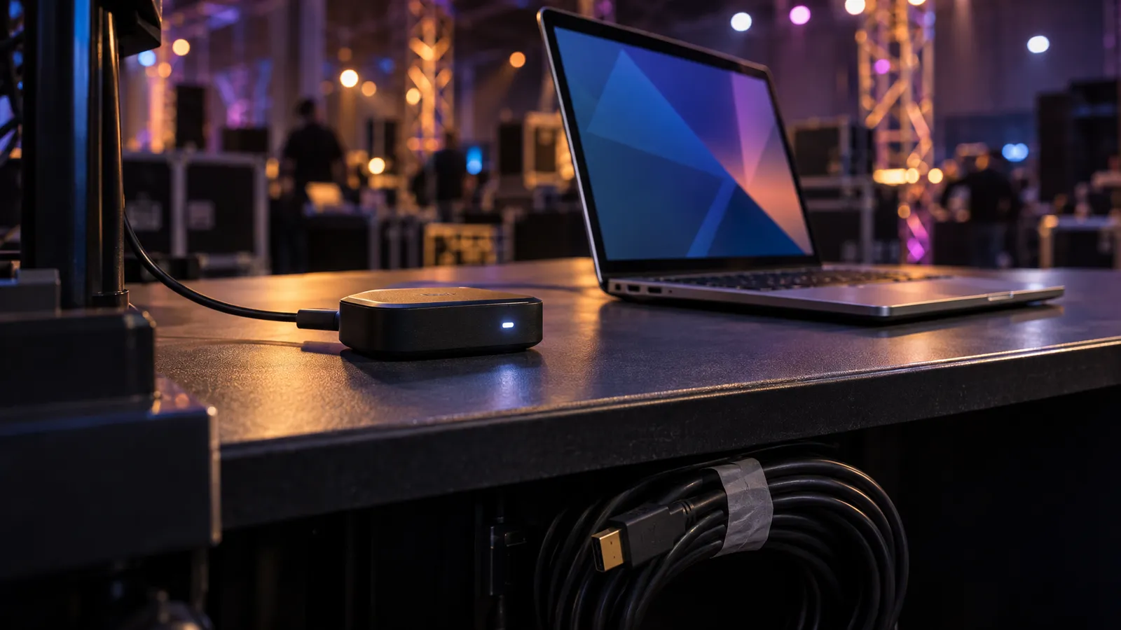 Wireless presentation receiver beside a demo laptop, with a backup HDMI cable taped beneath the counter.