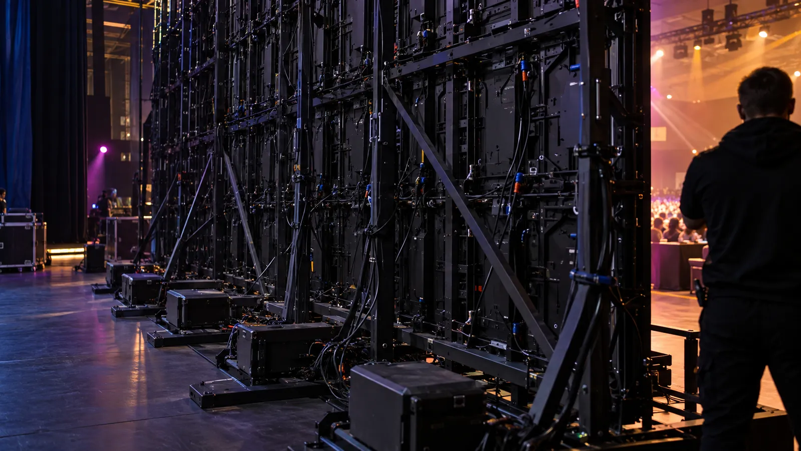 A technician viewed from behind inspects the rear panels and cabling of an LED video wall backstage.