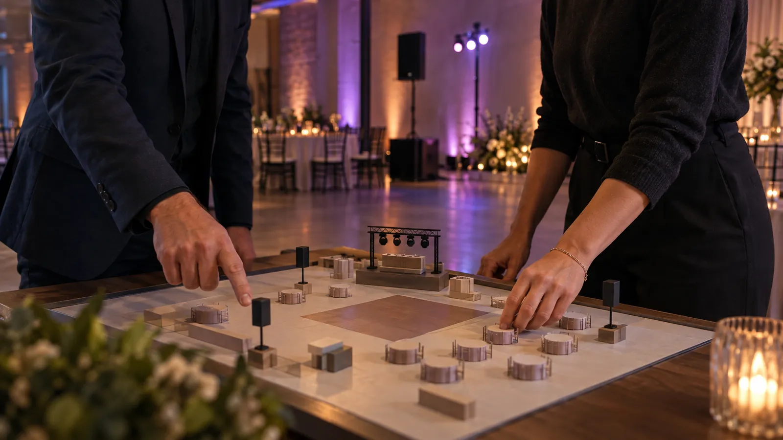Two people review a miniature reception layout while planning wedding AV equipment placement at an indoor venue.