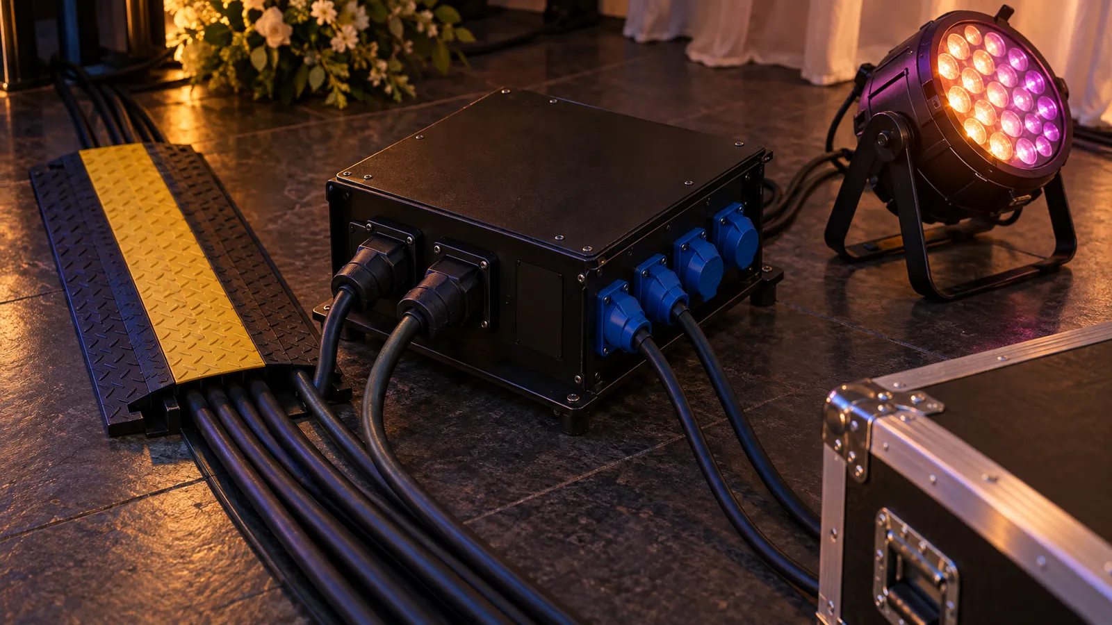 Event power distribution box with neatly routed cables beside an LED PAR light.