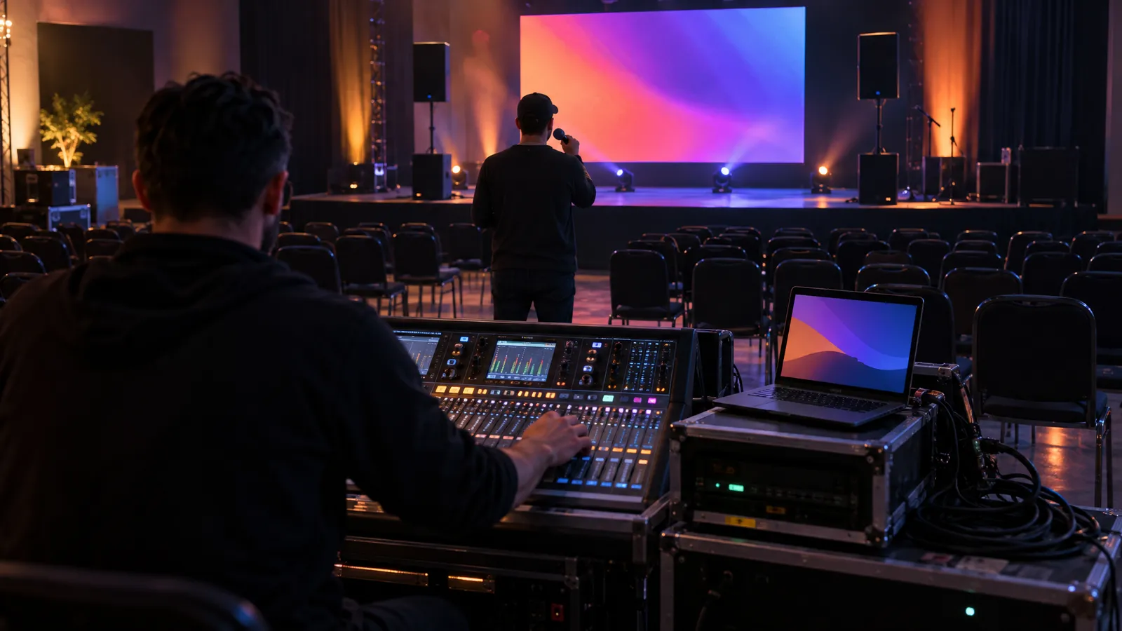 A technician adjusts a mixing console while another person tests a wireless microphone among empty event chairs.