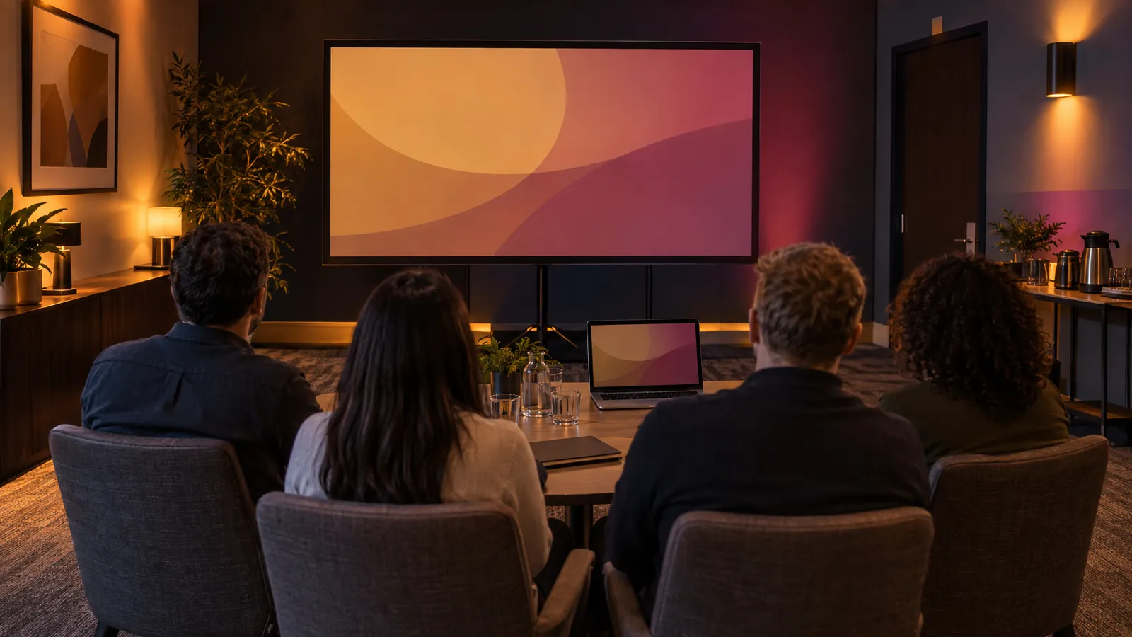 A small group seen from behind faces a presentation screen in a softly lit meeting room.