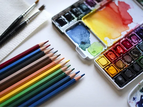 Art supplies and colored pencils